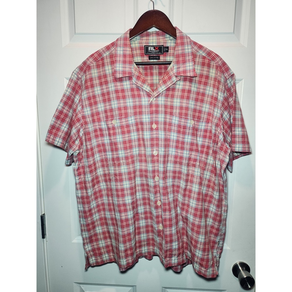 RLX Polo Sport Ralph Lauren Plaid Shirt XL Red Blue Y2K Loop Collar Short Sleeve